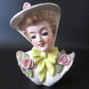 Vintage Head Vase Lady With Roses Bow Acme Ware Mid Century